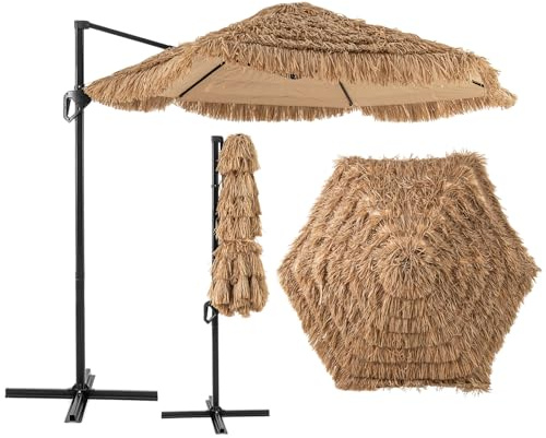 GOPLUS 283 cm Sombrilla de Brazo Paja para Terraza, Sombrilla Colgante Estilo Hawaiano con Parte Superior Ventilada, Toldo a Prueba de Sol, Parasol de Paja Resistente de Exterior para Piscina Jardín