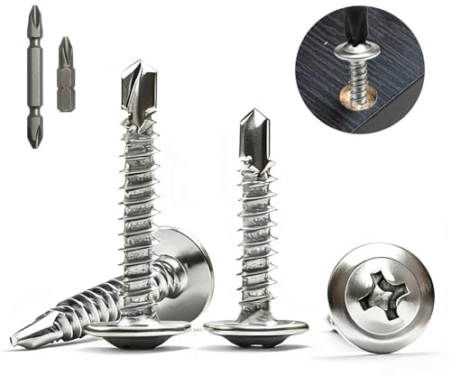 Hexizexi 100 Piezas Tornillos Autorroscantes 4.2x19 mm Tornillos Roscachapas Inoxidable 410 con 2 Brocas para Madera Acero