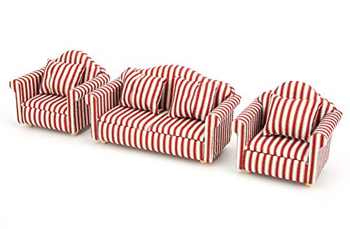Yctze Ensemble de Mini canapé pour Maison de Poupée 1:12 – 3 Pièces à Rayures Orange, Rouge et Or avec 4 Oreillers – Meuble de Maison de Poupée Idéal pour Un Jeu Imaginatif