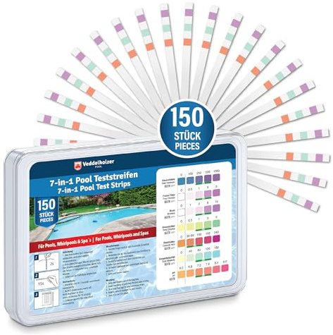 Tiras de prueba para piscina Veddelholzer 7 en 1 (150 unidades) – miden valor de pH, cloro libre, bromo, dureza total, ácido cianúrico y alcalinidad – análisis rápido del agua para piscina & spa