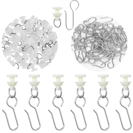 WJIAAA 100 Pcs Curtain Track Gliders Hooks, 50 Plastic Curtain Tracks Glider and 50 Metal Hook Ceiling Mount Sliding, for Straight Curved Ceiling Mount Shower Curtains Tracks