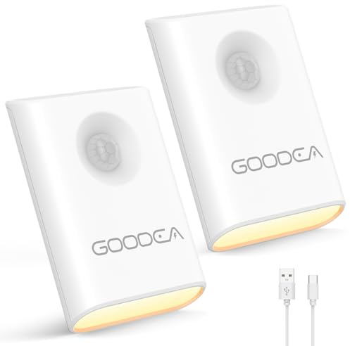 GOODEA Nattlampa med rörelsedetektor 2 stycken, USB C uppladdningsbar dimbar rörelse ljus upp till 90 dagar – bil på/av batteri LED-lampa belysning utan el för hall trappor sovrum badrum – varmvit