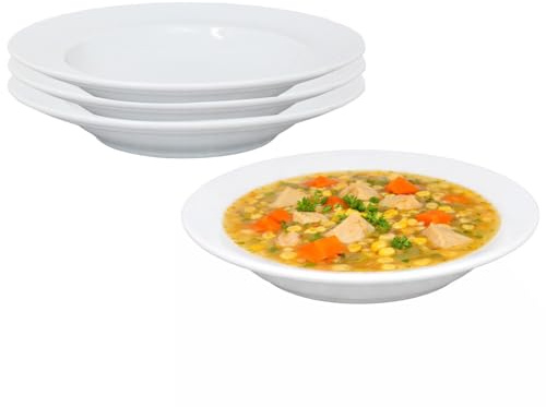 UNIQUE HOME LIVING Vintage White Soup Plates, 22.5cm Soup Plate with Rim, Set of 4 Premium Porcelain Salad Pasta Bowls, Deep Food Plates for Home, Restaurants, Durable, Microwave & Dishwasher Safe