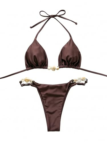 GORGLITTER Bikini triangle pour femme - Style brésilien - String avec perles - Maillot de bain deux pièces - Style bohème