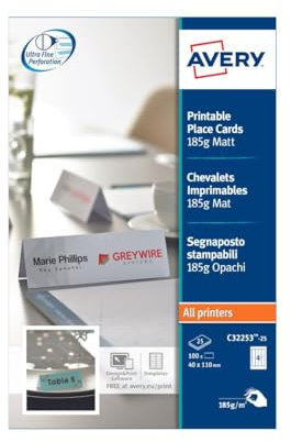 Avery Printable Place Cards, Tent Cards – 110 x 40 mm, Double-Sided, Micro-Perforated, White, 185gsm, Compatible with All Printers, 4 per Sheet, 100 per Pack, Ideal for Events & Weddings (C32253-25)