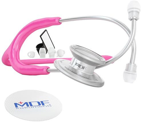 MDF Instruments, MD One Stainless Steel Stethoscope, Adult, Fuschia Tube, Silver Chestpieces-Headset, MDF77732