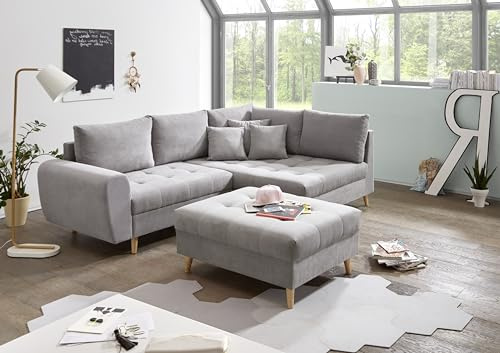 ALICE Ecksofa mit Hocker, Stoffbezug Hellgrau - Moderne Eckcouch mit Kissen & Massivholz Füßen - 249 x 94 x 175 cm (B/H/T)