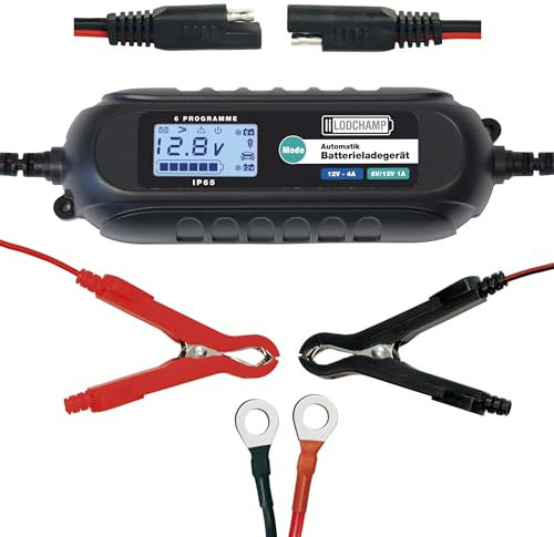 LODCHAMP, 4A Intelligentes Batterieladegerät, 6V/12V KFZ Ladegerät, Erhaltungsladegerät mit Desulfator und Komfortstecker, Polklemmen und Ringösenkabel
