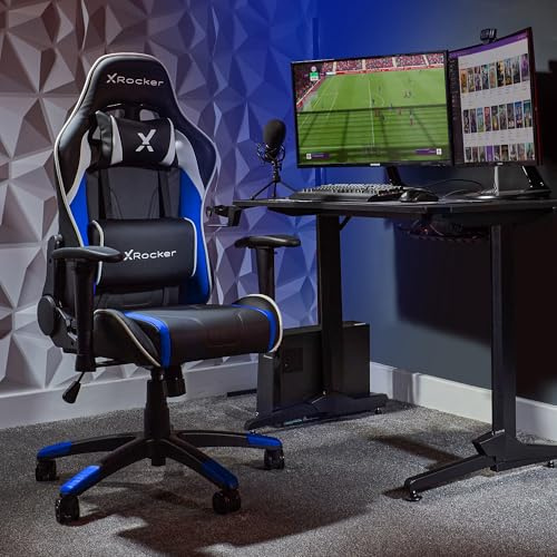 X-Rocker Agility Gaming Stuhl, Racing Computerstuhl für Kinder und Jugendliche, Drehbarer Bürostuhl, ergonomischer PC-Stuhl, Kopfstütze und Lordosenstützkissen, höhenverstellbar – Blau/Schwarz