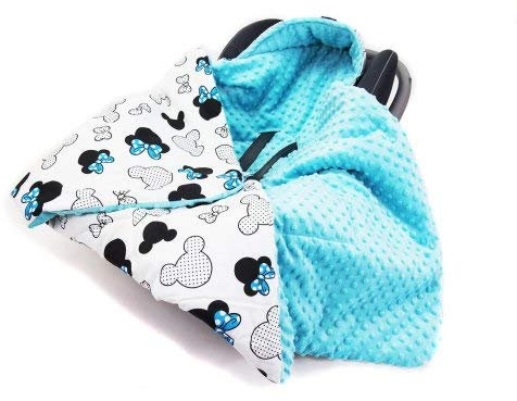 Welt der Träume Doppelseitige Einschlagdecke für Babyschale Autokindersitz Buggy Kinderwagen 90x90cm - universal Baby Decke (z.B. Maxi-Cosi/Cybex/Römer) (Auto Einschlagdecke - Miki Weiss -Minky blau)