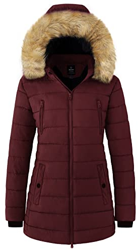 Wantdo Femme Parka d'hiver Décontractée Résistante à l'eau Manteau Matelassé en Coton Chaud Veste d'Extérieur Coupe-Vent Puffer Blouson Rouge M