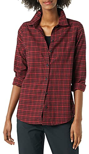 Amazon Essentials Women's Regular-Fit Long-Sleeve Lightweight Plaid Flannel Shirt, Black Red Preppy Check, XL