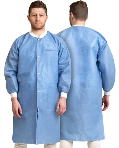 Pack of 10 Disposable Lab Coats - Blue - With 3 Pockets and Soft Knit Cuffs & Collar | SMS Unisex Knee Length Medical Lab Jacket, For Hospitals, Pharmacies, Laboratories, Dental Clinics - 2X-Large