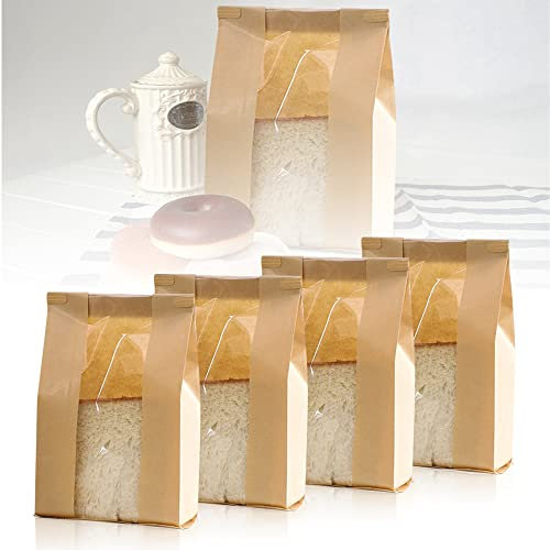 CODIRATO 50 PCS Sac à Pain en Papier Kraft avec Fenêtre Transparent Sac à Biscuité en Papier Alimentaire Sac de Pain Grillé en Papier Marron Auto-obturant pour Bonbons, Pain, Sandwichs, Grains de Café