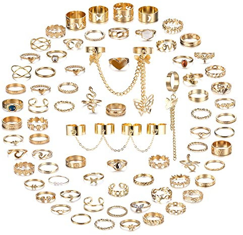 Milacolato 70 Pcs Ensemble de Bagues pour Femmes Filles Bagues de Pouce Argent et Or Vintage Bohemian Joint Finger Midi Rings Set Stacking Rings Pack pour Cadeau Or