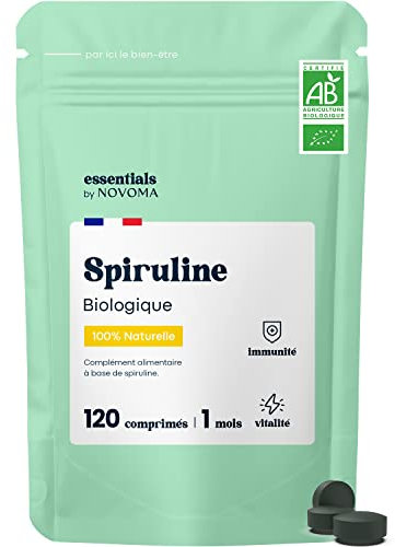 Spiruline Bio 500 mg, Pure et Naturelle, Cure de 1 mois, Réduit la Fatigue, Favorise l'Immunité, 120 Comprimés Vegan, Riche en Protéines et Phycocyanine, Essentials by Novoma