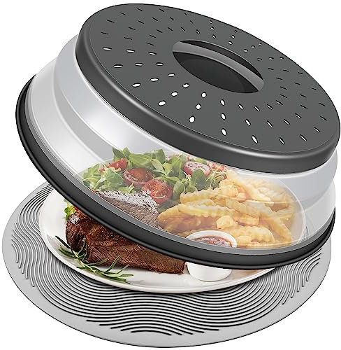 LekDrok Cubierta para alimentos para microondas con alfombrilla de 10 pulgadas, alfombrilla como soporte para cuencos, cubierta para protector de salpicaduras, tapa plegable para plato, alfombrilla de