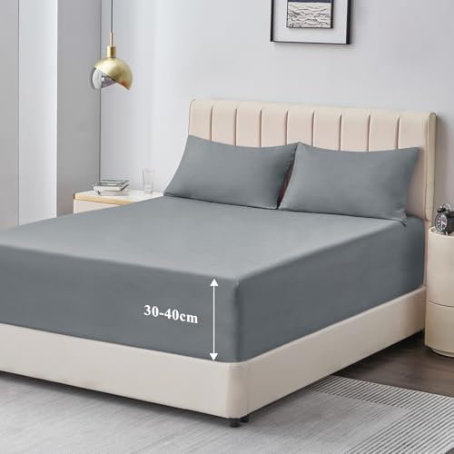 Aisbo Spannbettlaken 180x200cm Bettlaken Boxspringbett - Bett Laken Grau 180x200 aus Premium Mikrofaser, weiches Spannbetttuch 180 x 200 Hellgrau Steghöhe 40cm für Wasserbett Bed Fitted Sheet