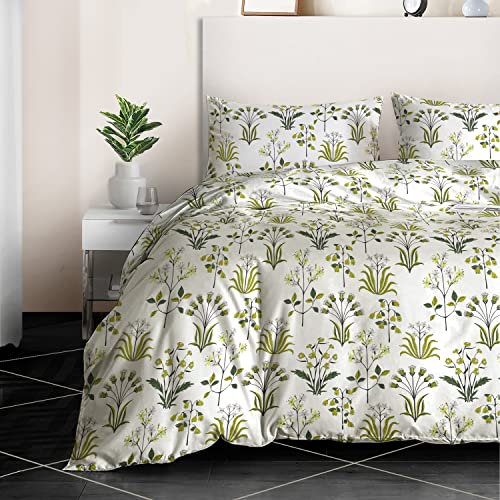 RAYBedding 2PCS Single Duvet Set 100% Egyptian Cotton Bedding Single Bed Set 400 Thread Count Floral Printed Fern Green Duvet Cover Single with Pillow Case