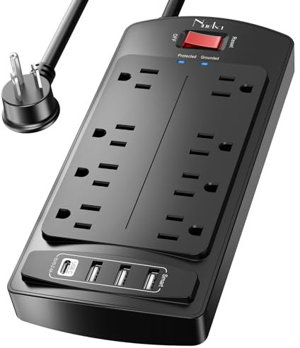 10 Feet Surge Protector Power Strip - Nuetsa Extension Cord(1625W/13A) with 8 Outlets and 4 USB Ports, Flat Plug, 2700 Joules, for Home, School, College Dorm Room, and Office, ETL Listed, Black