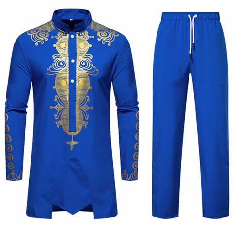 ZDSUHYIW Tenue Africaine Homme Manches Longues Dashiki avec Imprimé Doré Costume Traditionnel 2 Pièces Ensemble Hommes 2 Pièces Ensemble Dashiki Ensemble Chemise Africaine et Pantalon, Tenue Imprimé