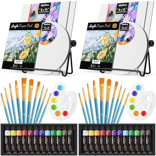 Nicpro Acrylic Paint Canvas Set for Adults & Kids, 80PCS Art Painting Supplies Kit with 2*12 Colors Paint, 6 Canvas, 2 Table Easel, 2*10 Brushes, 2 Paper Pad, 2 Palette for Artist Beginner Students