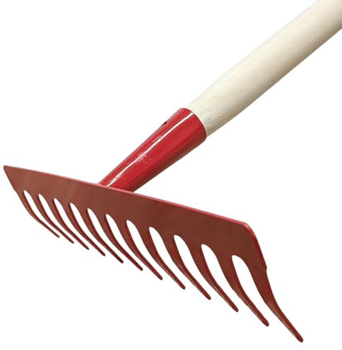 Garten Gerät Harke Rasen Boden Erde Rechen 12 Zinken Metall rot Gartenrechen 28 cm mit Holz Stiel