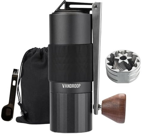 Vandroop Kaffeemühle Manuell Kegelmahlwerk Aluminiumschale, Kaffeemühle Hand mit präziser Mahlgradeinstellung, Espressomühle mit konischem Mahlwerk aus Edelstahl, für Camping, Bohnenbehälter 26g
