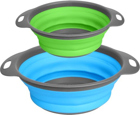 Acooruiteng Lot de 2 passoires rondes pliables en silicone avec poignée, parfaites pour égoutter les pâtes, les légumes, les fruits (bleu + vert)