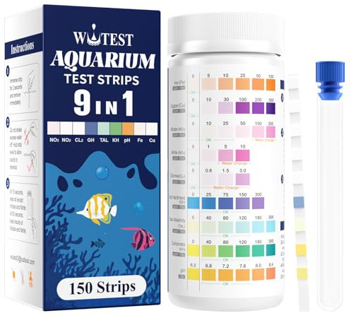 Wutest 9-Way Aquarium Test Strips - 150 Aquarium Water Test Kit Fish Tank Test Kit Quick & Accurate Testing Iron Copper Nitrate Nitrite Chlorine Total Hardness Total Alkalinity Carbonate pH