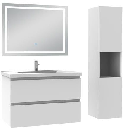 AICA Ensemble Meuble Salle de Bain 80cm avec Colonne et Miroir 3 Couleurs Blanc