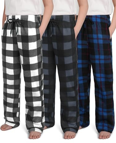 IHU 3 Pack Boys Pajama Pants Kids Micro Fleece Pj Bottoms Sleepwear Plaid Lounge Pant with Drawstring Pockets Boy Clothes Pockets Gray, Indigo, White Buffalo Plaid Set,12-14 Years