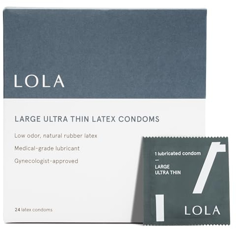 LOLA Large Ultra Thin Latex Condoms - Ultra Thin Condoms with Silicone Based Lube for Sensitive Skin, Lubricated Condom with Natural Rubber Latex, Vegan Condom, 24 Count