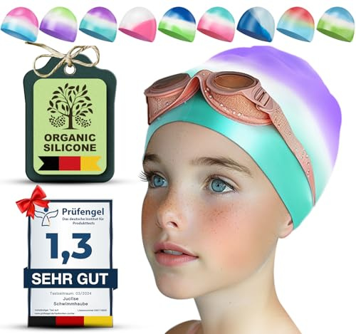 Juclise Swimming Caps for Kids，Girls and Boys, Stretchy Silicone Design, Comfortable Fit for Long and Short Hair (Purple-Green, Age 3-8)