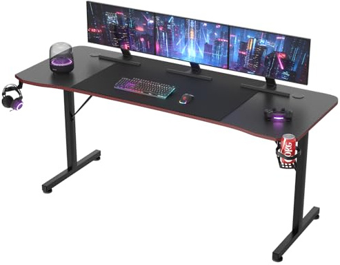 JUMMICO Gaming Tisch Groß, Gaming-Schreibtisch, Computertisch, Arbeitsplatz, Ergonomischer Gamer-Tisch mit Headsethaken, Getränkehalter, 180 x 60 cm, Schwarz.