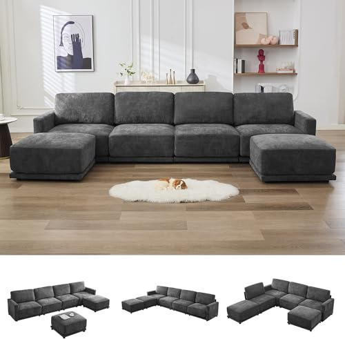 CACFTII 143.8 Modular Sectional Sofa Modern Chenille U Shaped Couch with Thickened Seat Cushions, Easy Assembly, Upholstered 6 Seater Couch with 2 Movable Ottomans for Living Room, Grey