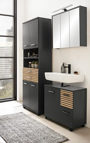 Schildmeyer Badmöbel-Set Katta 702057, Spiegelschrank, Waschbeckenunterschrank, Hochschrank, Anthrazit/Akustikpaneel Optik