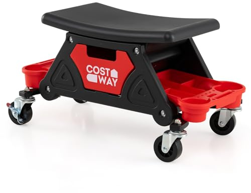COSTWAY Sgabello da Officina con Ruote, Sedia Meccanico con Cassetto Estraibile e 2 Vassoi Divisori, Capacità di 135 kg, per Riparazione Auto, per Garage e Officina