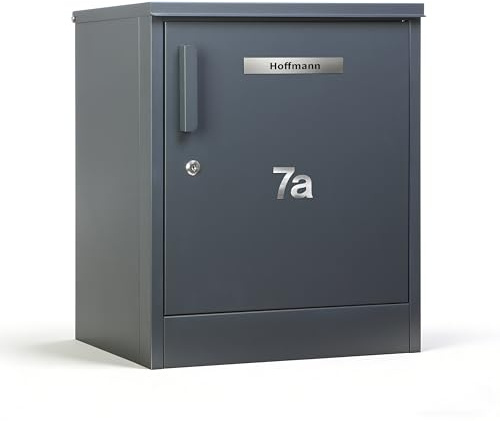 Zedelmaier Paketbox, Großes Paketfach in Anthrazit zur Wandmontage, Personalisierte Paketbox für Draußen, Paketbriefkasten Groß XL mit Edelstahl Namensschild & Hausnummer, inkl. 4 SCHL.(55x45x37cm)