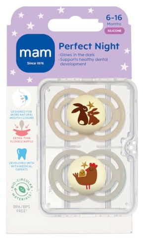 MAM Perfect Baby Pacifier 6-16 Months, Extra Thin Nipple, Developed with Orthodontists, Clinically Proven, Glows in The Dark, BPA-Free Silicone, Pack of 2, Made in Europe