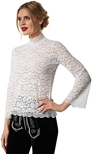 dressforfun 900811 Blusa Tradicional Alemana de Encaje, Mangas acanaladas, patrón Floral, Color Blanco, Diferentes tamaños Blanco Blanco S | No. 303190
