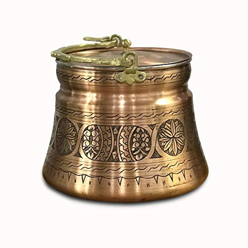 Generic Rotkupfer 3 Liter Eimer mit Kupferdeckel und Messinggriff, handgehämmert, rund, Joghurteimer mit Blumengravur