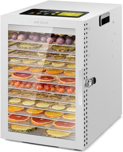 Kwasyo 12 Trays Stainless Steel Food Dehydrator, Dual fan 360° Efficient Drying, 24H Adjustable Timer & 30-90℃ Temperature Control, Overheat Protection, Dehydrator Food Dyer uk for meat fruit, 800W
