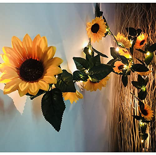 Fielegen 2 Pack 60LED Artificial Sunflower Garland String Lights, 4.5M Silk Sunflower Vines Battery Powered Fairy Night Lights for Indoor Bedroom Holiday Wedding Party Garden Decoration