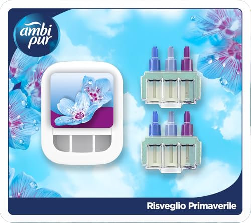 Ambi Pur 3Volution Profumatore per Ambienti, Diffusore Elettrico e 2 Ricariche, Fragranza Lenor Risveglio Primaverile, tecnologia Elimina Odori, Fino a 90 Giorni di Profumo per Ricarica