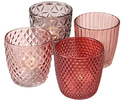 Seaside No.64 - Windlicht-Set 4 teilig aus Glas 7,5 x 7,5cm - Teelichthalter für Romantisches Ambiente - Kerzenständer mit verschiedenen Designs - Retro Kristall Ornamente - (rosa Taupe, Set)