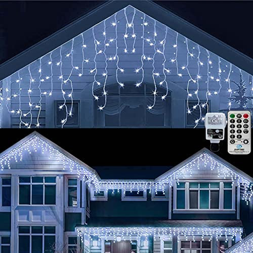 CERIAL 20M Outdoor Christmas Icicle Lights Curtain Fairy Lights Mains Powered Window Curtain Lights Plug in Outside Ice Eaves Lights with 108 Drops for Indoor Wall Gazebo Decorations, White