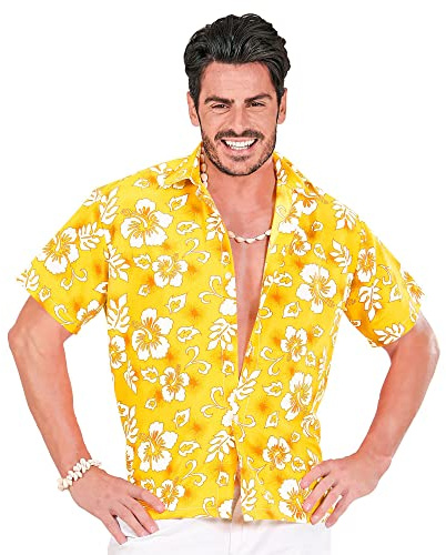 W WIDMANN MILANO Party Fashion - Camicia Hawaiana da Uomo, Camicia Estiva a Maniche Corte con Motivo Ibisco per Carnevale e Festival