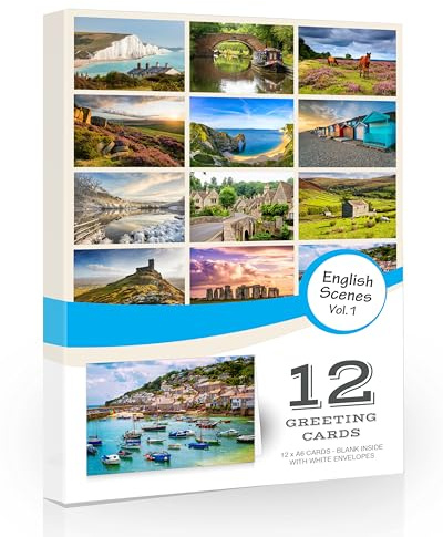 12 x English Landscapes Vol.1 Folding Greeting Cards with Envelopes. English Natural Attractions. Designed and Printed in the UK. Blank Inside for All Occasions