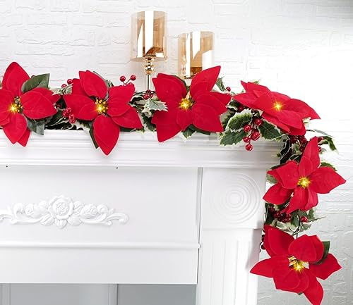 6.5FT Prelit Poinsettia Christmas Flower Garland, Velvet Fabric Artificial Poinsettia Flower Garland String Lights, Battery Operated Xmas Tree Ornament Christmas String Lights